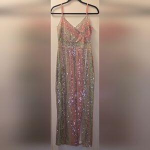 VENUS Iridescent Sequin Striped Maxi Skirt in Pastel Hues